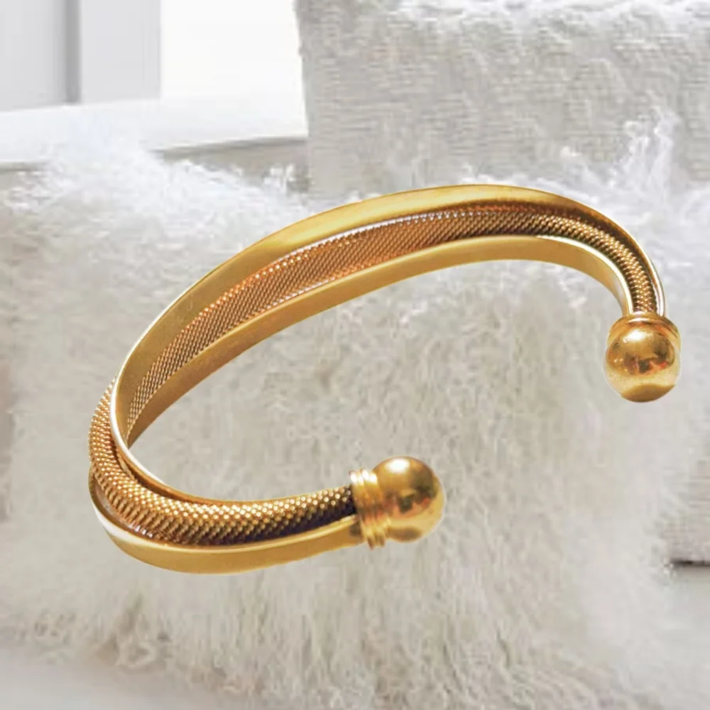 HOB, Asymmetric Mesh Bracelet, Stainless Steel, 18K Gold Overlay, Cuff  …